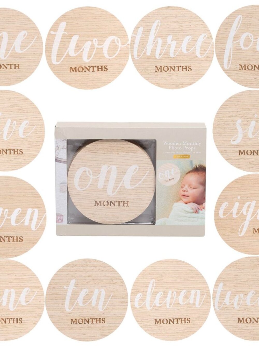 Wooden Baby Monthly Milestone Discs, White Text